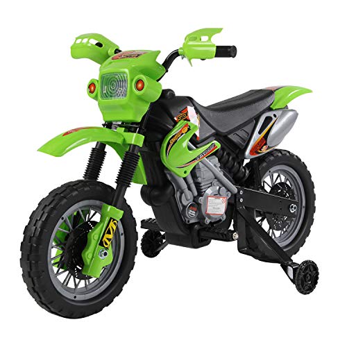 HOMCOM Moto Electrica Infantil Bateria 6V Recargable Niños 3 Años Cargador y Ruedas Apoyo Color Verde