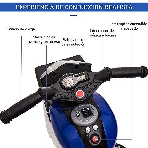 HOMCOM Moto Eléctrica Infantil con 3 Ruedas para +3 Años Triciclo con Pedal para Niños Batería 6V con Luces Música Neumáticos Anchos Velocidad 3 km/h 86x42x52 cm Azul y Negro