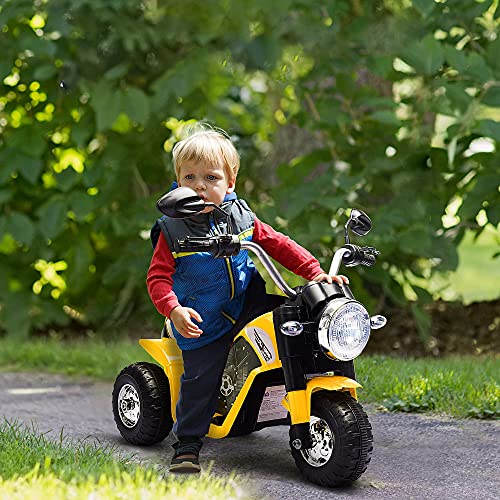 HOMCOM Moto Eléctrica Infantil con 3 Ruedas Triciclo a Batería 6V para Niños de 18-36 Meses con Faro Bocina Velocidad 2 km/h 72x57x56 cm Amarillo