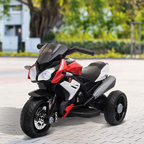 HOMCOM Moto Eléctrica Infantil con 3 Ruedas Trimoto para Niños de +3 Años con Batería 6V Recargable Funciones de Música Bocina Faros 86x42x52 cm Negro y Rojo