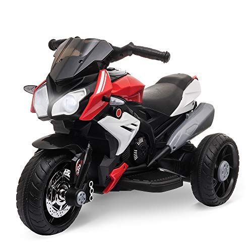 HOMCOM Moto Eléctrica Infantil con 3 Ruedas Trimoto para Niños de +3 Años con Batería 6V Recargable Funciones de Música Bocina Faros 86x42x52 cm Negro y Rojo