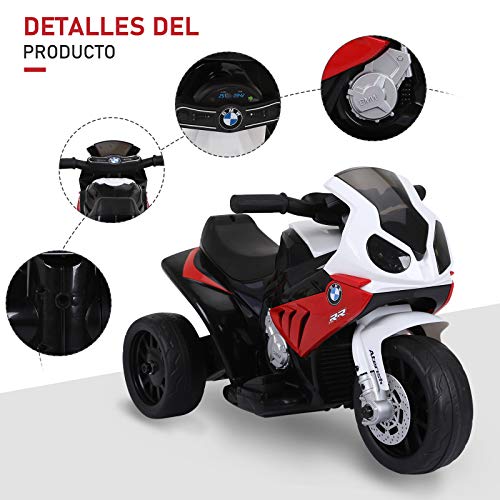 HOMCOM Moto Eléctrica Infantil con Licencia BMW S1000RR Triciclo Trimoto para Niños +2 Años con Luces y Música 66x37x44 cm Rojo