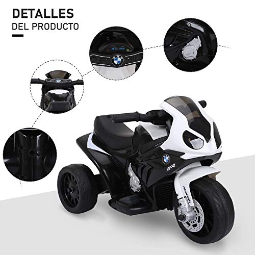 HOMCOM Moto Eléctrica Infantil con Licencia BMW S1000RR Trimoto para Niños +2 Años con Luces y Música 66x37x44 cm Negro