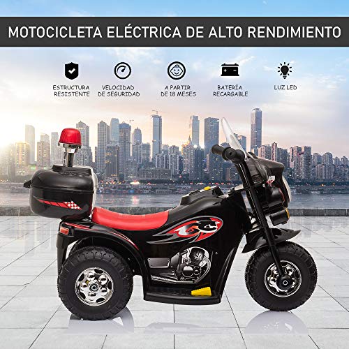 HOMCOM Moto Eléctrica para Niños de 18-36 Meses Motocicleta Infantil con 3 Ruedas y Batería 6V con Música Bocina Faros Baúl 80x35x52 cm Negro