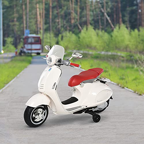 HOMCOM Moto Eléctrica Vespa Faros Música 2 Ruedas Auxiliares para Niños Mayores de 3 Años Motocicleta Infantil Autorizada 108x49x75 cm Blanco