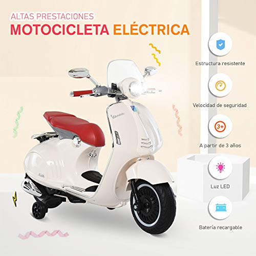 HOMCOM Moto Eléctrica Vespa Faros Música 2 Ruedas Auxiliares para Niños Mayores de 3 Años Motocicleta Infantil Autorizada 108x49x75 cm Blanco