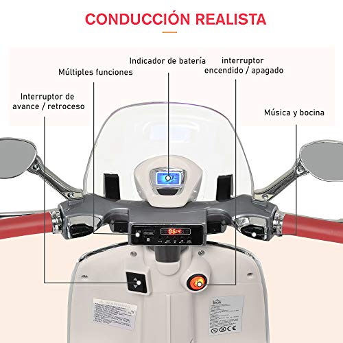 HOMCOM Moto Eléctrica Vespa Faros Música 2 Ruedas Auxiliares para Niños Mayores de 3 Años Motocicleta Infantil Autorizada 108x49x75 cm Blanco