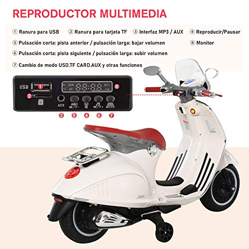 HOMCOM Moto Eléctrica Vespa Faros Música 2 Ruedas Auxiliares para Niños Mayores de 3 Años Motocicleta Infantil Autorizada 108x49x75 cm Blanco