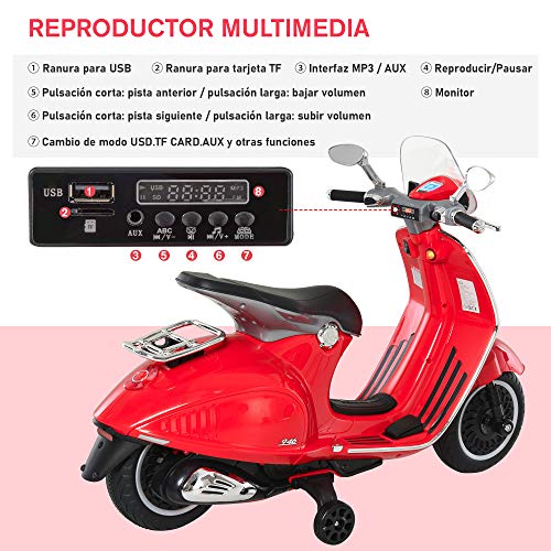 HOMCOM Moto Eléctrica Vespa Faros Música 2 Ruedas Auxiliares para Niños Mayores de 3 Años Motocicleta Infantil Autorizada 108x49x75 cm Rojo