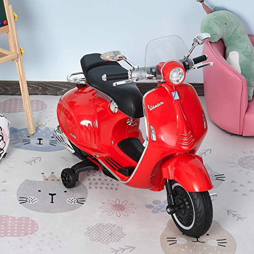 HOMCOM Moto Eléctrica Vespa Faros Música 2 Ruedas Auxiliares para Niños Mayores de 3 Años Motocicleta Infantil Autorizada 108x49x75 cm Rojo