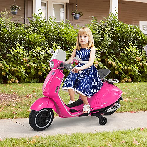 HOMCOM Moto Eléctrica Vespa Faros Música 2 Ruedas Auxiliares para Niños Mayores de 3 Años Motocicleta Infantil Autorizada 108x49x75 cm Rosa