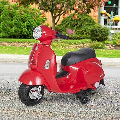 HOMCOM Moto Eléctrica Vespa para Niños de 18-36 Meses con Faro Bocina y 4 Ruedas Motocicleta Infantil con Licencia 66,5x38x52 cm Rojo