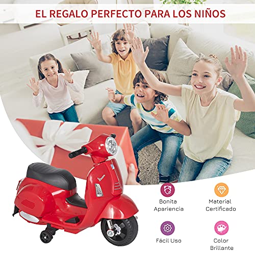 HOMCOM Moto Eléctrica Vespa para Niños de 18-36 Meses con Faro Bocina y 4 Ruedas Motocicleta Infantil con Licencia 66,5x38x52 cm Rojo