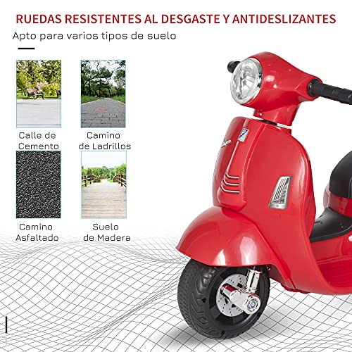 HOMCOM Moto Eléctrica Vespa para Niños de 18-36 Meses con Faro Bocina y 4 Ruedas Motocicleta Infantil con Licencia 66,5x38x52 cm Rojo