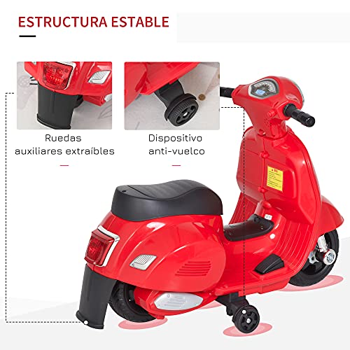 HOMCOM Moto Eléctrica Vespa para Niños de 18-36 Meses con Faro Bocina y 4 Ruedas Motocicleta Infantil con Licencia 66,5x38x52 cm Rojo