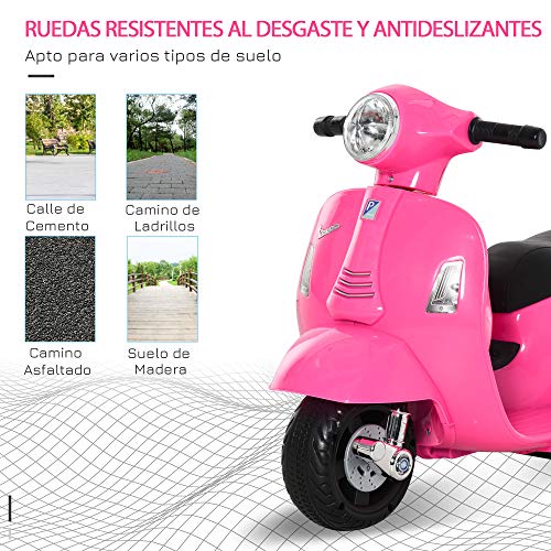 HOMCOM Moto Eléctrica Vespa para Niños de 18-36 Meses con Faro Bocina y 4 Ruedas Motocicleta Infantil con Licencia 66,5x38x52 cm Rosa