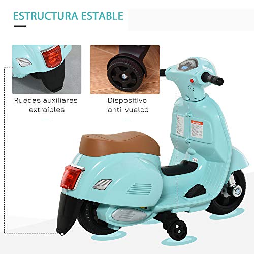 HOMCOM Moto Eléctrica Vespa para Niños de 18-36 Meses con Faro Bocina y 4 Ruedas Motocicleta Infantil con Licencia 66,5x38x52 cm Verde