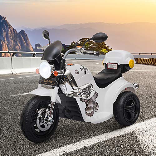 HOMCOM Moto Triciclo Eléctrico para Niños de +18 Meses Moto Eléctrica Infantil con 3 Ruedas Batería 6V con Botón de Música Bocina Luces y Maletero 87x46x54 cm Blanco