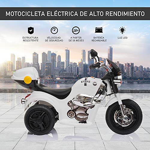 HOMCOM Moto Triciclo Eléctrico para Niños de +18 Meses Moto Eléctrica Infantil con 3 Ruedas Batería 6V con Botón de Música Bocina Luces y Maletero 87x46x54 cm Blanco