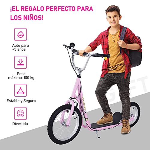 HOMCOM Patinete 125x58x92-100 cm 2 Ruedas 16/12 Pulgadas con 2 Frenos Scooter + Caballete Rosa