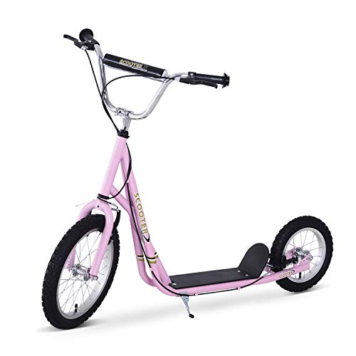 HOMCOM Patinete 125x58x92-100 cm 2 Ruedas 16/12 Pulgadas con 2 Frenos Scooter + Caballete Rosa