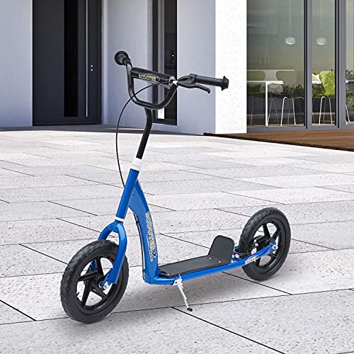 HOMCOM Patinete para Niños de +5 Años Scooter de 2 Ruedas Grandes de 12 Pulgadas con Freno y Manillar Ajustable en Altura Carga Máx. 100 kg 120x52x80-88 cm Azul