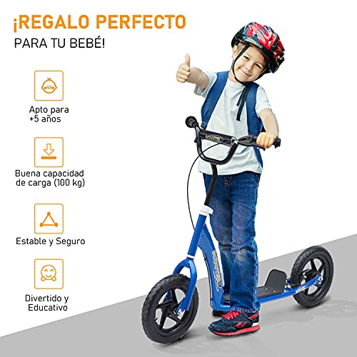 HOMCOM Patinete para Niños de +5 Años Scooter de 2 Ruedas Grandes de 12 Pulgadas con Freno y Manillar Ajustable en Altura Carga Máx. 100 kg 120x52x80-88 cm Azul