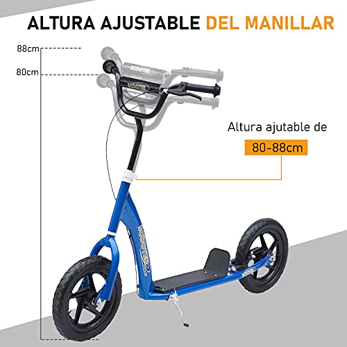 HOMCOM Patinete para Niños de +5 Años Scooter de 2 Ruedas Grandes de 12 Pulgadas con Freno y Manillar Ajustable en Altura Carga Máx. 100 kg 120x52x80-88 cm Azul