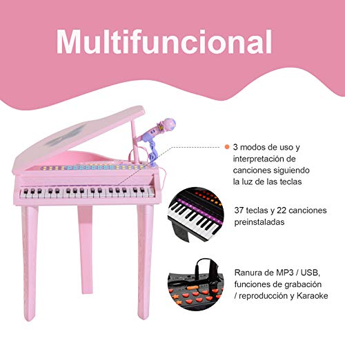 HOMCOM Piano Infantil 37 Teclas Teclado Electrónico Juego de Piano con Micrófono Taburete Luces y 22 Canciones USB/MP3 Karaoke Modo de Enseñanza Rosa