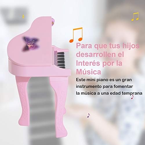 HOMCOM Piano Infantil 37 Teclas Teclado Electrónico Juego de Piano con Micrófono Taburete Luces y 22 Canciones USB/MP3 Karaoke Modo de Enseñanza Rosa