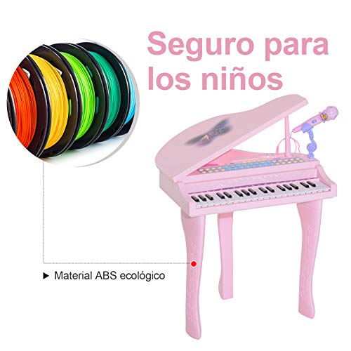 HOMCOM Piano Infantil 37 Teclas Teclado Electrónico Juego de Piano con Micrófono Taburete Luces y 22 Canciones USB/MP3 Karaoke Modo de Enseñanza Rosa