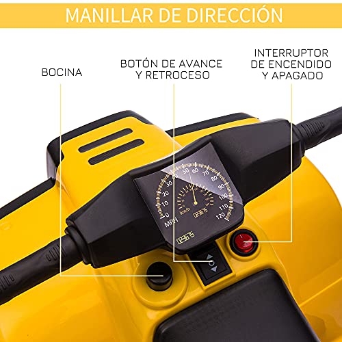 HOMCOM Quad Eléctrico para Niños 18-36 Meses Cuatrimoto Infantil a Batería 6V con Faros Bocina Velocidad 0-3 km/h Avance y Retroceso 65x40x43 cm Amarillo