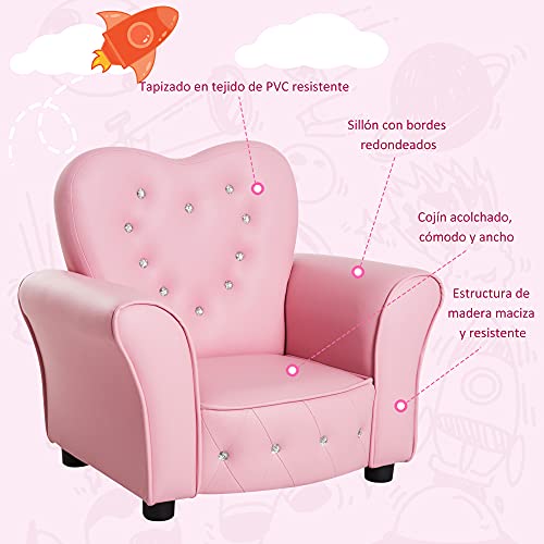 HOMCOM Sillón Infantil Sofá para Niños Decorativo en Forma de Corazón con Asiento Reposabrazos Acolchados Respaldo Alto 59x41,5x49 cm Rosa