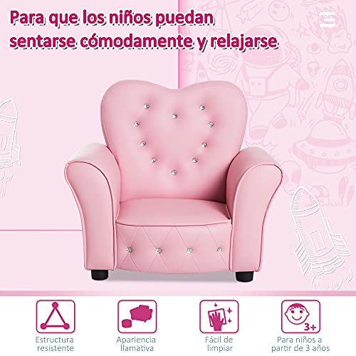 HOMCOM Sillón Infantil Sofá para Niños Decorativo en Forma de Corazón con Asiento Reposabrazos Acolchados Respaldo Alto 59x41,5x49 cm Rosa