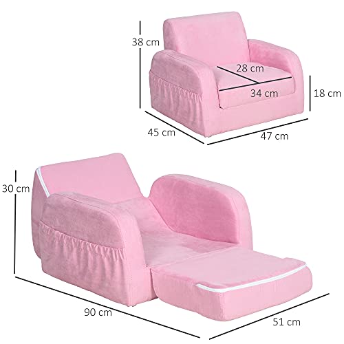 HOMCOM Sillón para Niños Sofá Transformable Diseño 2 en 1 Cama Infantil Plegable de 2 Posiciones con Reposabrazos Asiento Ancho Acolchado 47x45x38 cm Rosa