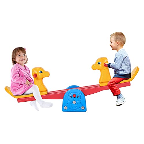 HOMCOM Sube y Baja Infantil Columpio Balancín para Niños con Respaldo Manillar Texturizado en Forma de Jirafa Carga 20kg por Asiento para Interior y Exterior 150x32x60 cm Multicolor