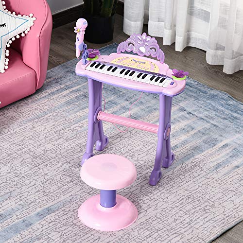 HOMCOM Teclado Electrónico Infantil 32 Teclas Juguete Musical con Micrófono Taburete Luces Variedad Sonidos Rítmos Melodias MP3 Karaoke Modo de Enseñanza Rosa