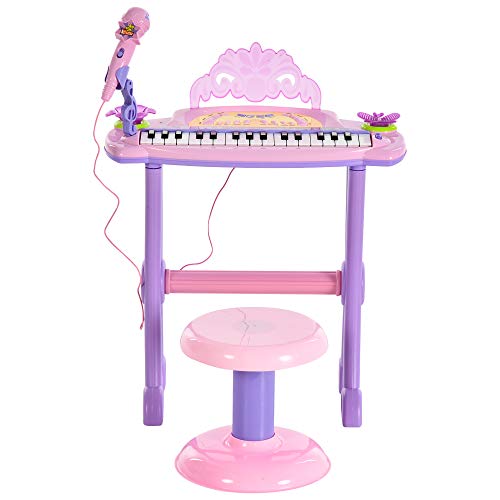 HOMCOM Teclado Electrónico Infantil 32 Teclas Juguete Musical con Micrófono Taburete Luces Variedad Sonidos Rítmos Melodias MP3 Karaoke Modo de Enseñanza Rosa