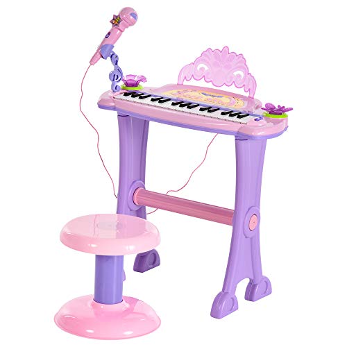 HOMCOM Teclado Electrónico Infantil 32 Teclas Juguete Musical con Micrófono Taburete Luces Variedad Sonidos Rítmos Melodias MP3 Karaoke Modo de Enseñanza Rosa