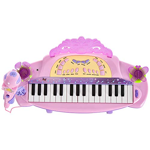 HOMCOM Teclado Electrónico Infantil 32 Teclas Juguete Musical con Micrófono Taburete Luces Variedad Sonidos Rítmos Melodias MP3 Karaoke Modo de Enseñanza Rosa