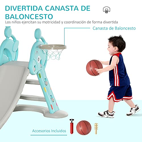 HOMCOM Tobogán para Niños +18 Meses Plegable con Canasta de Baloncesto Modelo Jirafa Juguete Infantil para Interiores y Exteriores 140x87x75 cm Azul y Gris