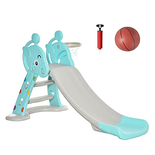 HOMCOM Tobogán para Niños +18 Meses Plegable con Canasta de Baloncesto Modelo Jirafa Juguete Infantil para Interiores y Exteriores 140x87x75 cm Azul y Gris