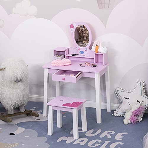 HOMCOM Tocador Infantil con Taburete y Espejo Tipo Princesa Mesita de Maquillaje de Madera Rosa Juguete para Niñas 60x34x93 cm