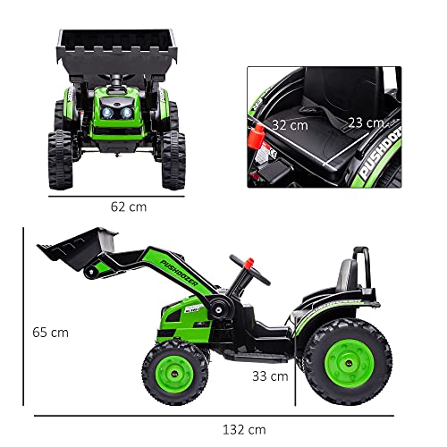 HOMCOM Tractor Excavadora Eléctrico para Niños de +3 Años Vehículo Infantil con Batería 6V Pala Música y Luces Velocidad de 2 Niveles 132x62x65 cm Negro y Verde