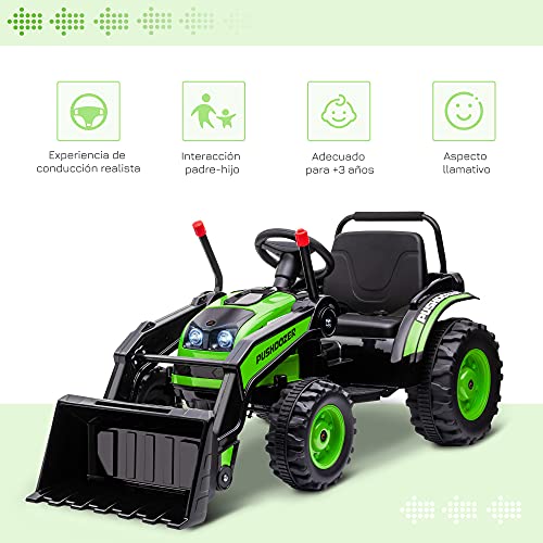 HOMCOM Tractor Excavadora Eléctrico para Niños de +3 Años Vehículo Infantil con Batería 6V Pala Música y Luces Velocidad de 2 Niveles 132x62x65 cm Negro y Verde