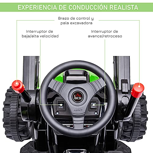 HOMCOM Tractor Excavadora Eléctrico para Niños de +3 Años Vehículo Infantil con Batería 6V Pala Música y Luces Velocidad de 2 Niveles 132x62x65 cm Negro y Verde