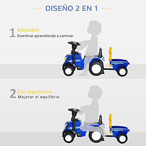 HOMCOM Tractor para Niños de 12-36 Meses con Remolque Extraíble Coche Correpasillos con Bocina Faros Pala y Rastrillo Carga 25 kg 91x29x44 cm Azul