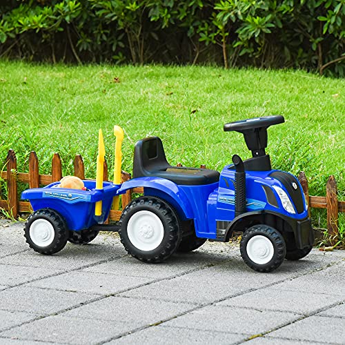 HOMCOM Tractor para Niños de 12-36 Meses con Remolque Extraíble Coche Correpasillos con Bocina Faros Pala y Rastrillo Carga 25 kg 91x29x44 cm Azul