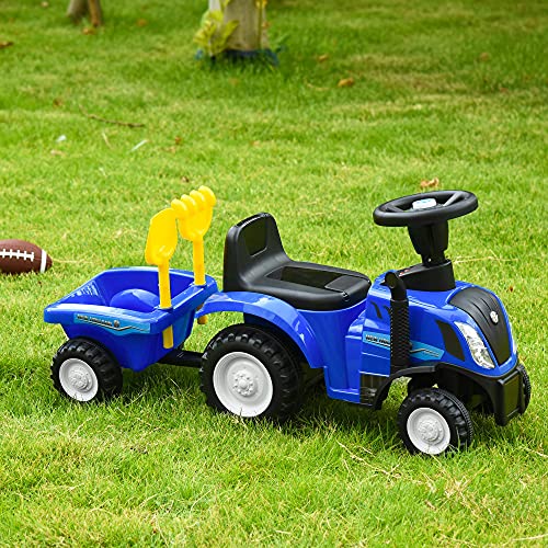 HOMCOM Tractor para Niños de 12-36 Meses con Remolque Extraíble Coche Correpasillos con Bocina Faros Pala y Rastrillo Carga 25 kg 91x29x44 cm Azul