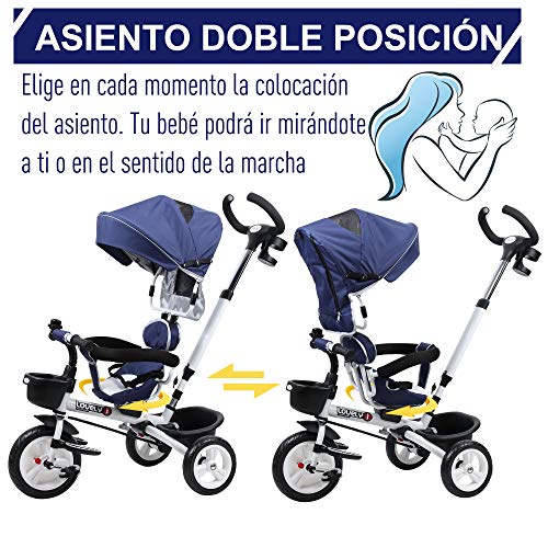 HOMCOM Triciclo Bebé 4 en 1 Trolley Trike Bicicletas para Niños +18 Mes Evolutivo Asiento Giratorio Capota Barra Desmontable Control Parental Juguete Aprendizaje